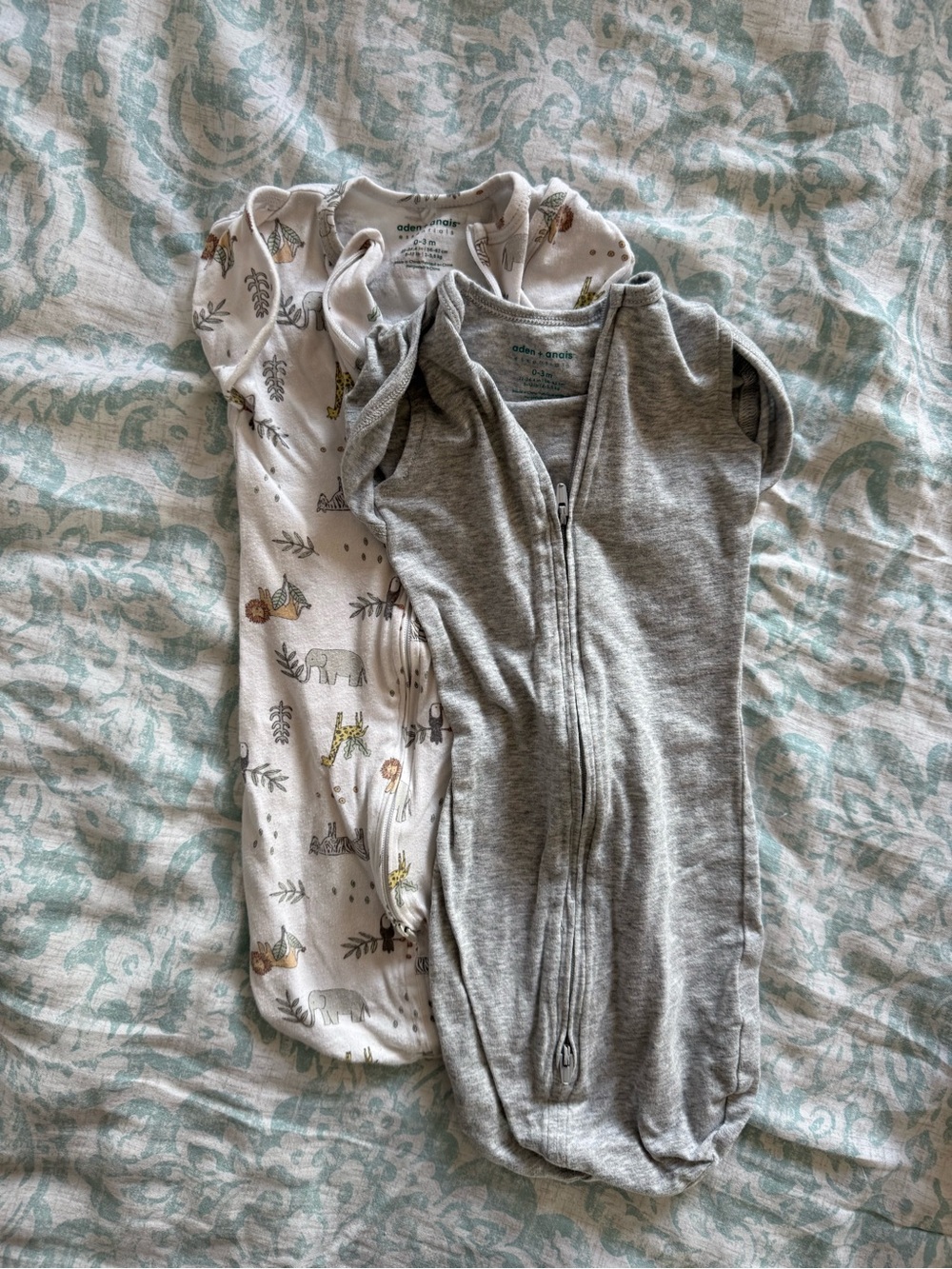 aden + anais Gray Zip Sleep Sack & Cream Animal Print Sleep Sack 0-3 months